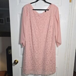 COOAN 2X Elegant Long Sleeve Pink Midi Lace Dress